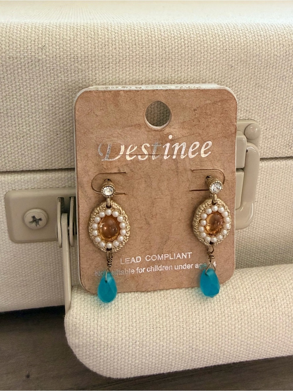 Gold-Tone Amber & Turquoise Drop Earrings with Pearl Accents